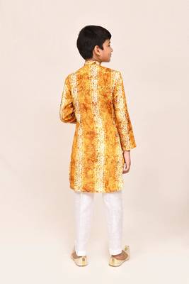 Kids boy musturd silk blend straight kurta pant set 3