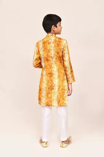 Kids boy musturd silk blend straight kurta pant set