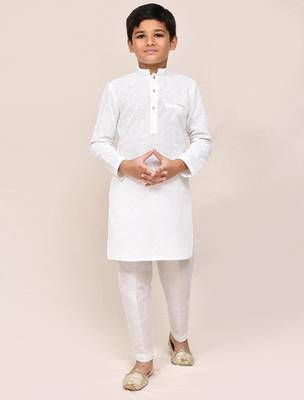 Kids boy white pure linen straight kurta pant set 1