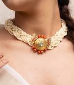 Gold plated kundan pearl choker necklace set