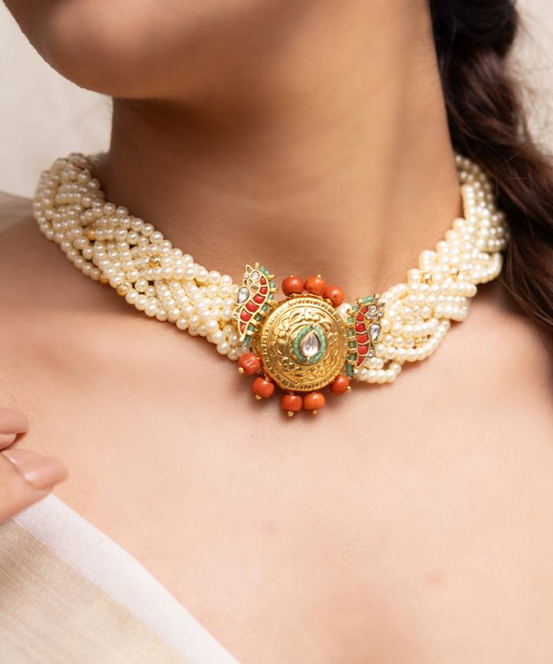 Gold plated kundan pearl choker necklace set