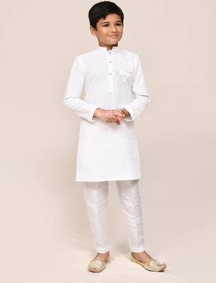 Kids boy white pure linen straight kurta pant set 2