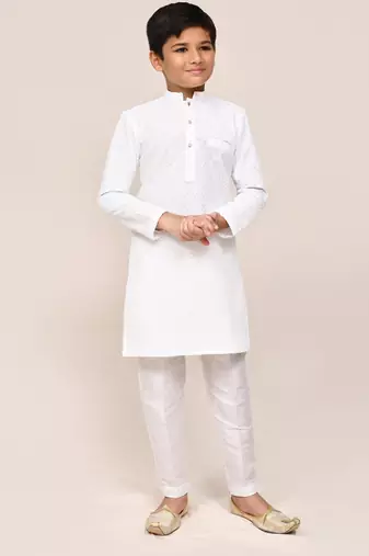 Kids boy white pure linen straight kurta pant set