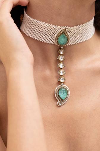 Gold plated green stone kundan choker necklace