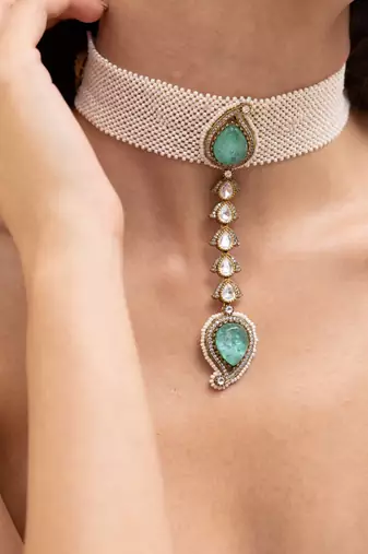 Gold plated green stone kundan choker necklace