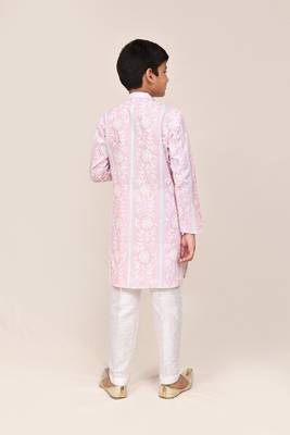 Kids boy pink & light purple cotton straight kurta pant set 2