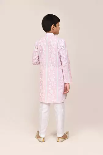 Kids boy pink & light purple cotton straight kurta pant set