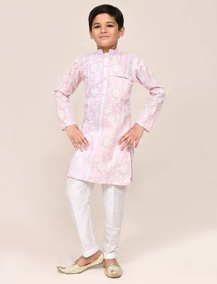 Kids boy pink & light purple cotton straight kurta pant set 1