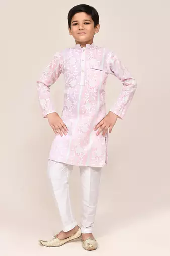 Kids boy pink & light purple cotton straight kurta pant set