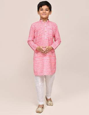 Kids boy pink cotton silk blend straight kurta pant set 1
