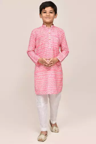Kids boy pink cotton silk  straight kurta pant set