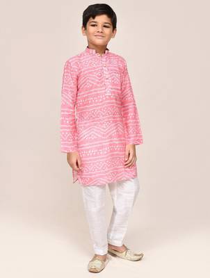 Kids boy pink cotton silk blend straight kurta pant set 2