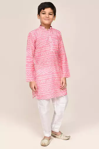 Kids boy pink cotton silk blend straight kurta pant set