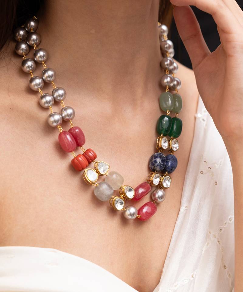Gold plated multicolor stone kundan necklace