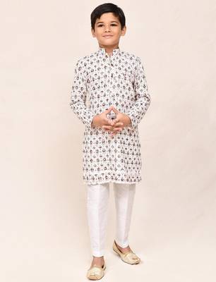 Kids boy cream cotton straight kurta pant set 1