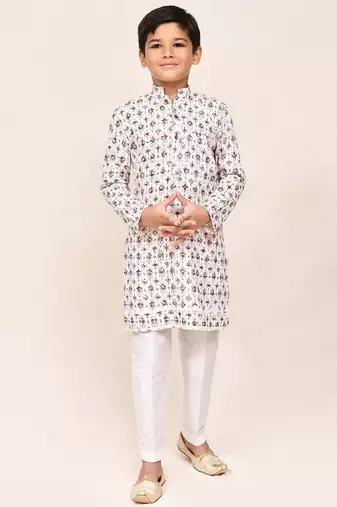 Kids boy cream cotton straight kurta pant set