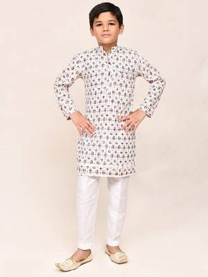 Kids boy cream cotton straight kurta pant set 2