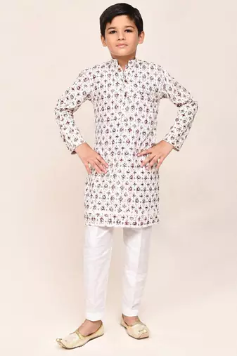 Kids boy cream cotton straight kurta pant set