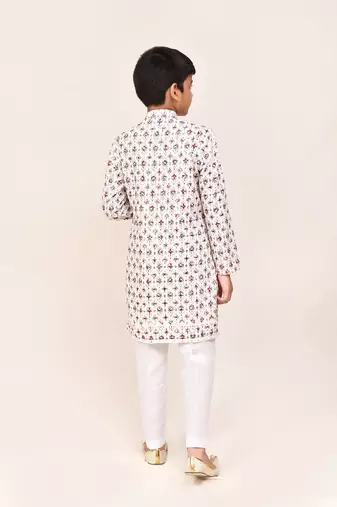Kids boy cream cotton straight kurta pant set