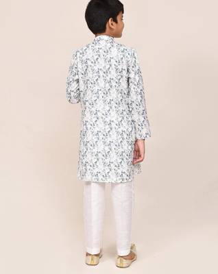 Kids boy white printed cotton straight kurta pant set 2
