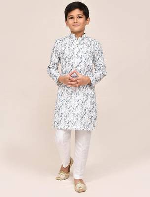 Kids boy white printed cotton straight kurta pant set 1