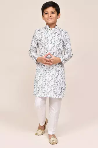 Kids boy white printed cotton straight kurta pant set