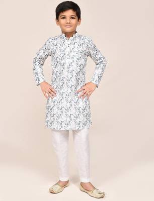 Kids boy white printed cotton straight kurta pant set 3