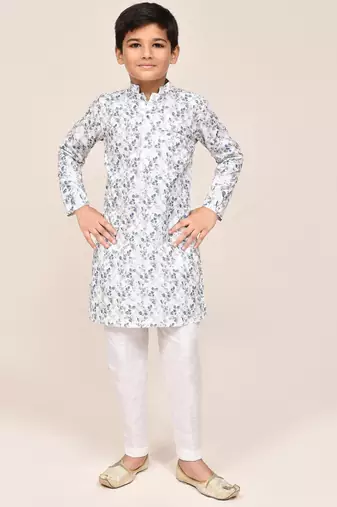 Kids boy white printed cotton straight kurta pant set