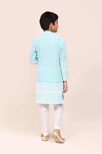 Kids boy sky blue cotton straight kurta pant set