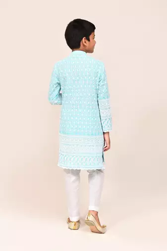 Kids boy sky blue cotton straight kurta pant set