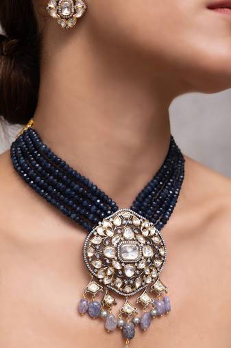 Gold plated blue stone kundan necklace set