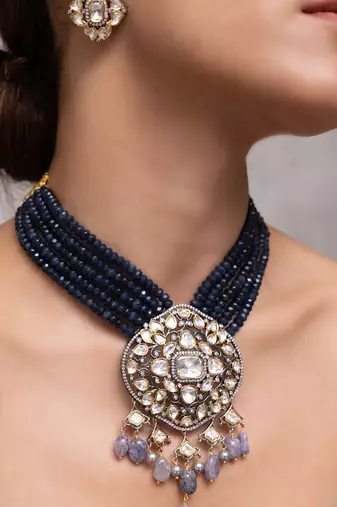 Gold plated blue stone kundan necklace set