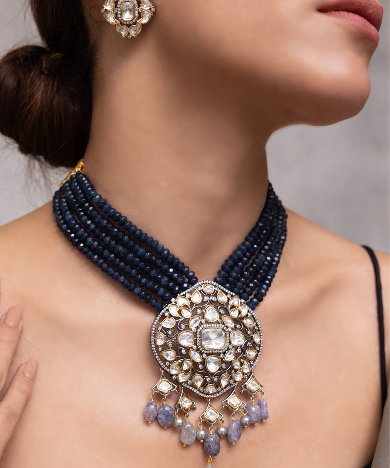 Gold plated blue stone kundan necklace set