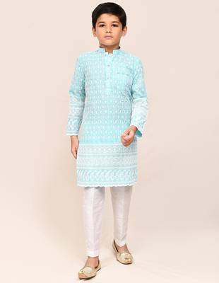 Kids boy sky blue cotton straight kurta pant set 2