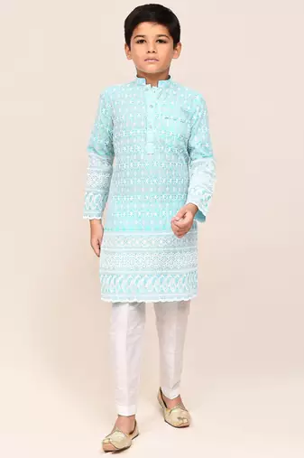 Kids boy sky blue cotton straight kurta pant set