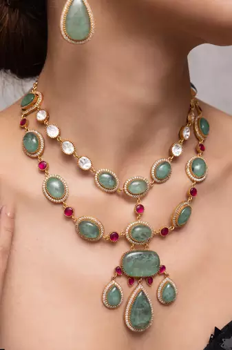Gold plated green kundan necklace set