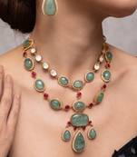 Gold plated green kundan necklace set