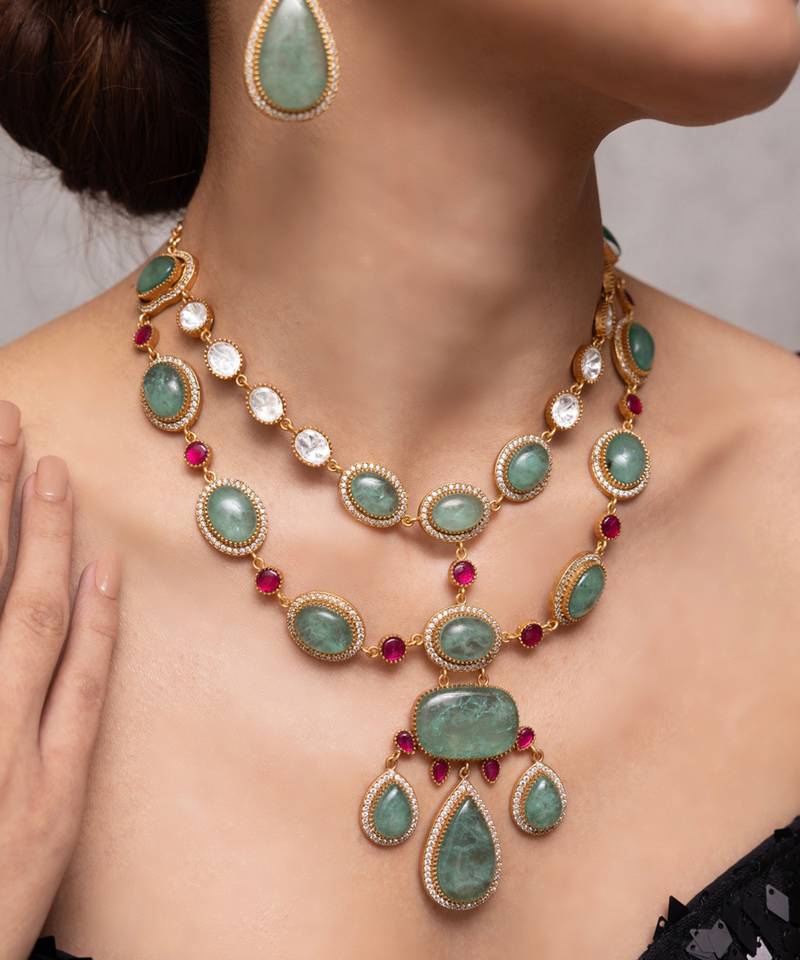 Gold plated green kundan necklace set