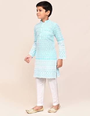 Kids boy sky blue cotton straight kurta pant set 3