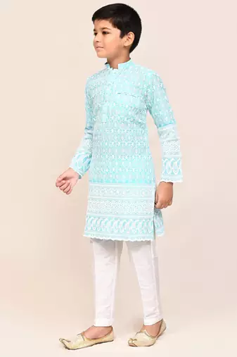 Kids boy sky blue cotton straight kurta pant set