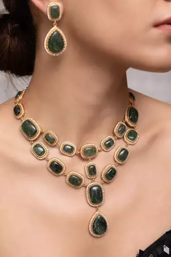 Gold plated green stone Layered necklace set