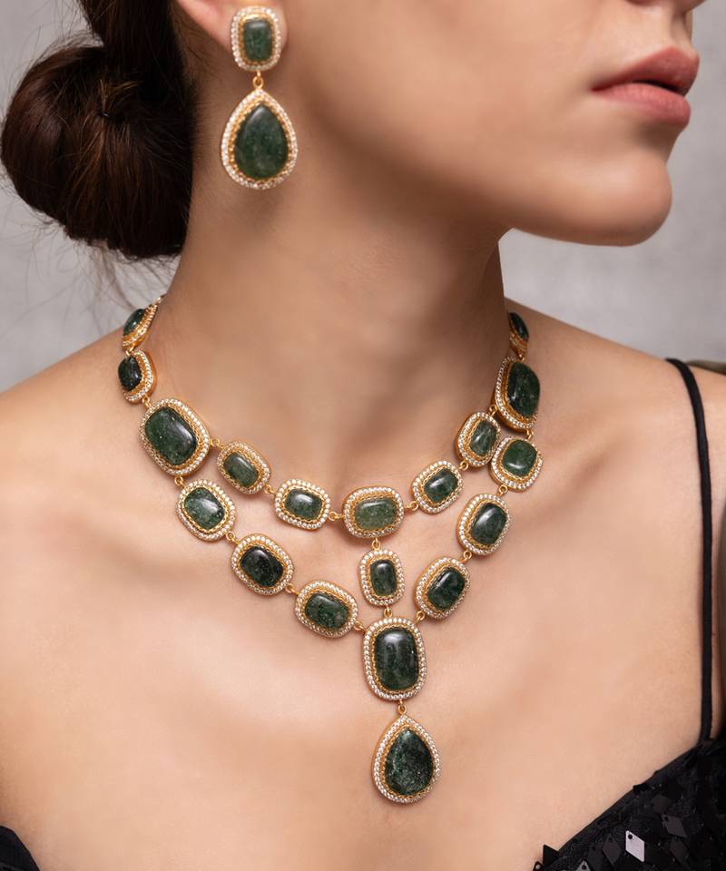 Gold plated green stone Layered necklace set