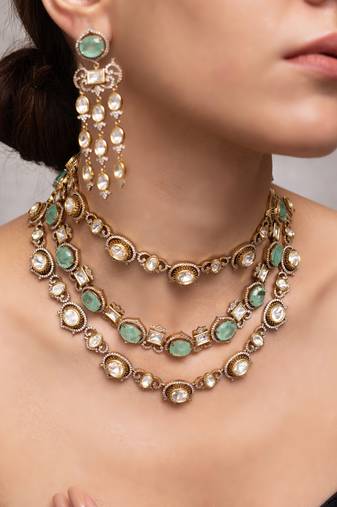 Gold plated green kundan necklace set