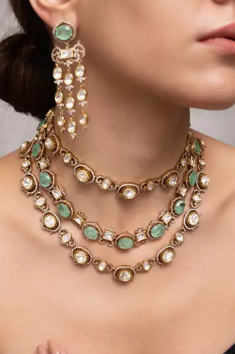 Gold plated green kundan necklace set