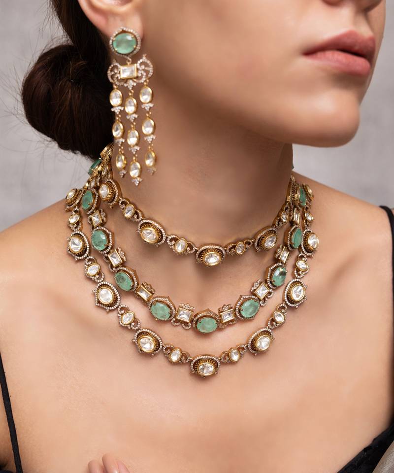 Gold plated green kundan necklace set