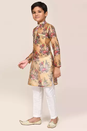 Kids boy Brown grorgette straight kurta pant set