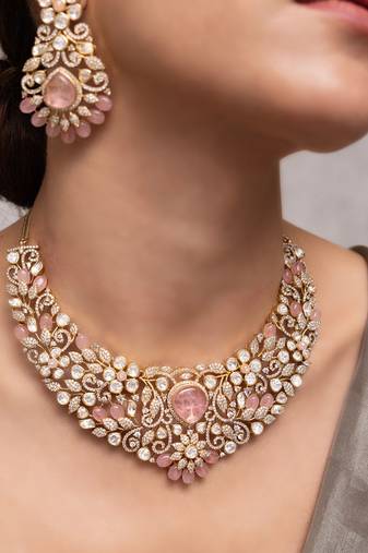 Gold plated pink stone kundan necklace set