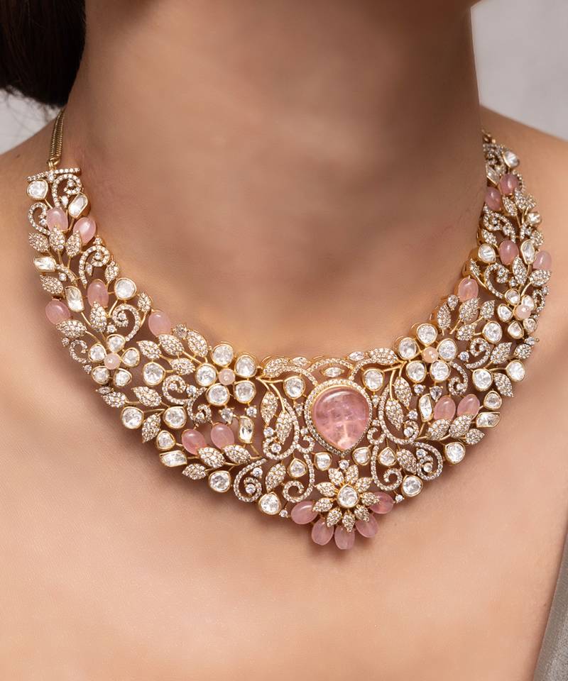 Gold plated pink stone kundan necklace set