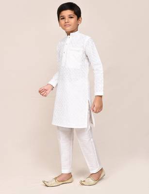 Kids boy white Art silk straight kurta pant set 2