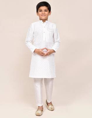 Kids boy white Art silk straight kurta pant set 1